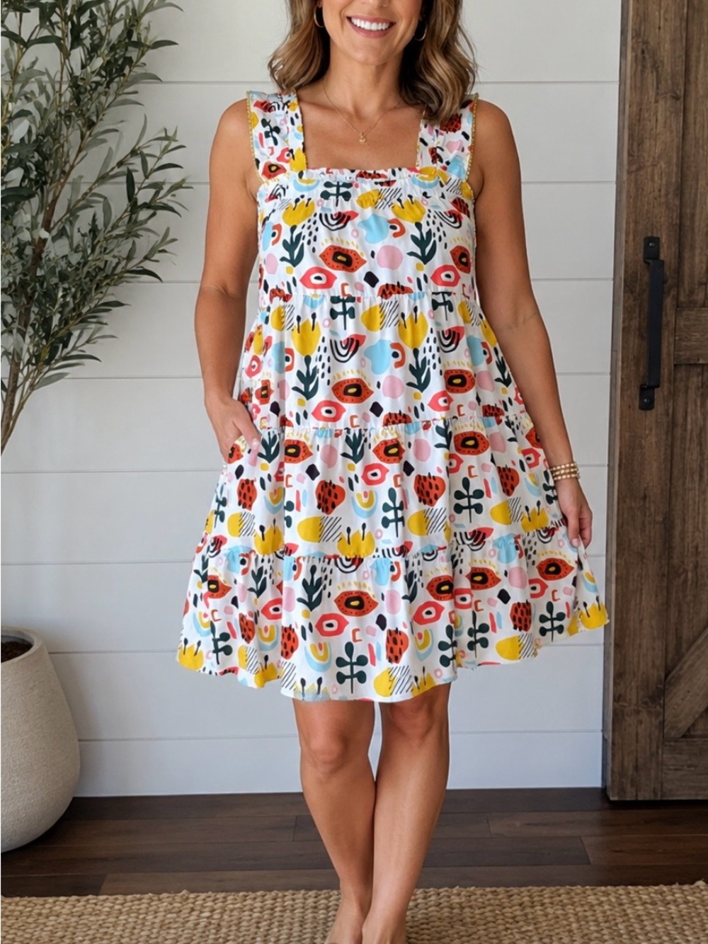 THML White Tiered Square-Neck Dress with Bright Floral Print Size Medium